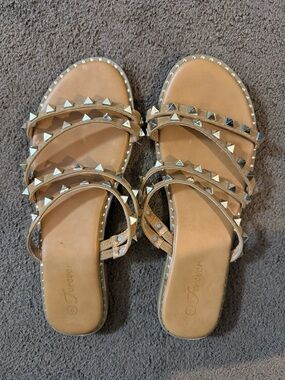 Tan Studded Triple-Strap Women's Sandals